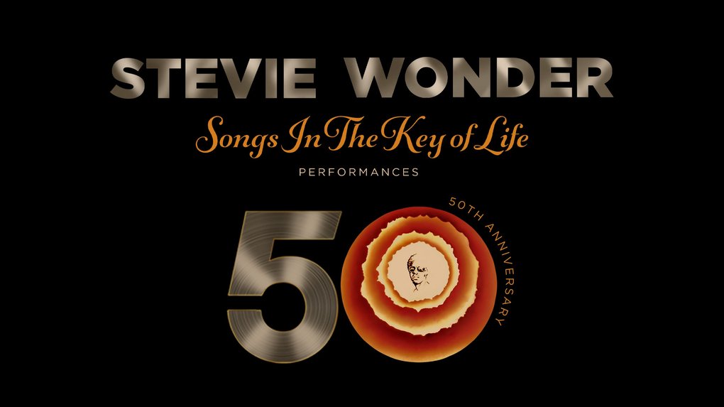 En grafisk bild för Stevie Wonders 50-årsjubileum med texten 'Songs In The Key of Life Performances'.