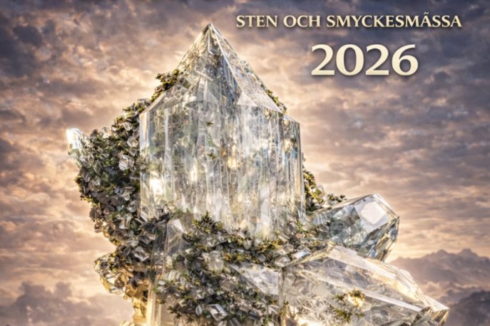 tora, glittrande kristaller mot en dramatisk himmel. Kristallerna framhävs som huvudmotiv och symboliserar mineraler och smycken