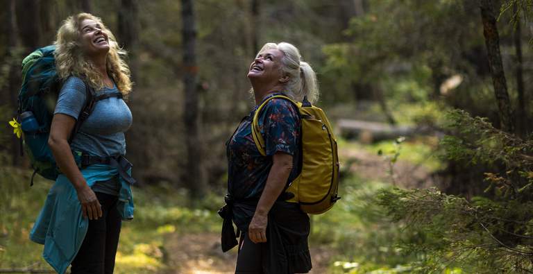 Natur i Stockholm skärgård. Två kvinnor i utomhuskläder, tar en rast under en vandring och blickar upp mot trädkronorna i en skog.