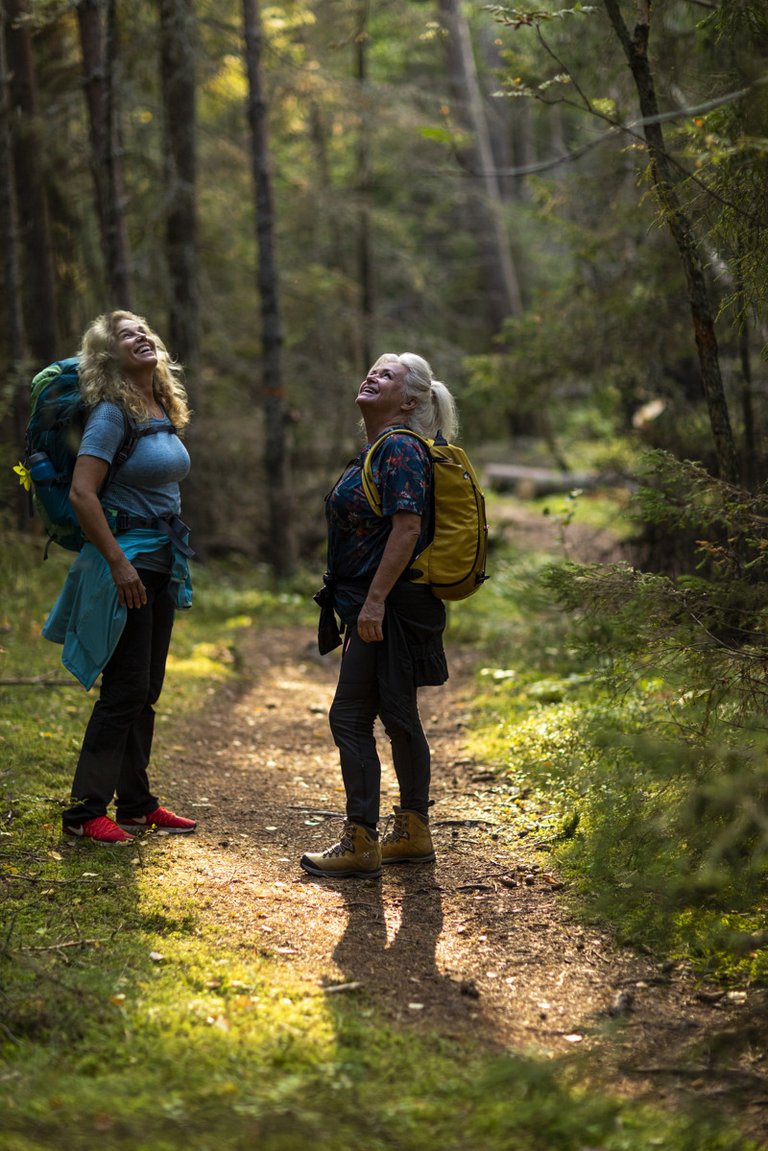 Two women standing on a walking trail in the forest.