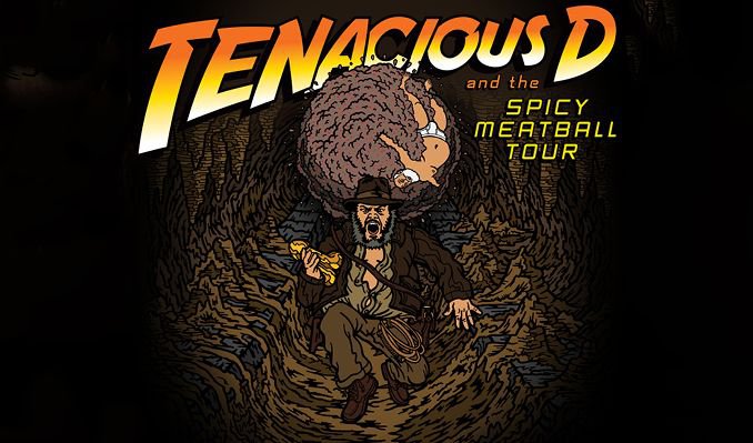 Texten "Tenacious D and The Spicy Meatball Tour. Teckning som föreställer en vuxen och ett barn.