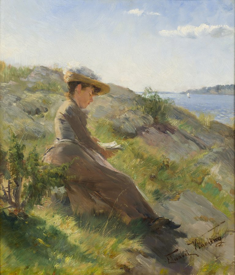 Elisabeth Warling, Läsande kvinna i skärgården, ca 1890. Olja på pannå (ek). Nationalmuseum.