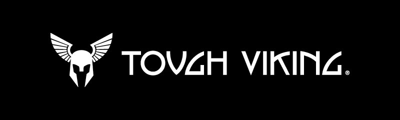 "Tough Viking", vit text på en svart bakgrund.