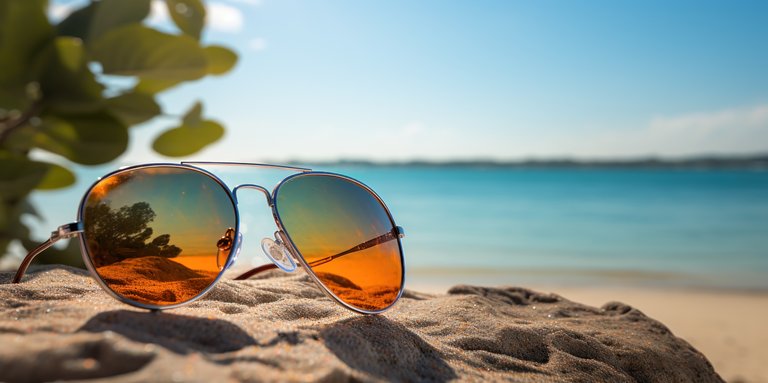 ett par solglasögon som ligger på en sandstrand