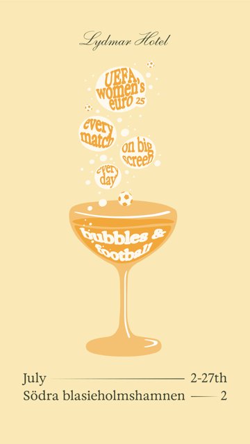 Grafik som föreställer ett champagneglas med texten "bubbles & football" på, under står även datumen.