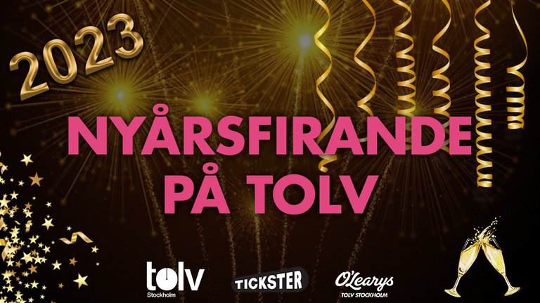 Fyrverkerier, champagneglas, nyårsdekorationer.