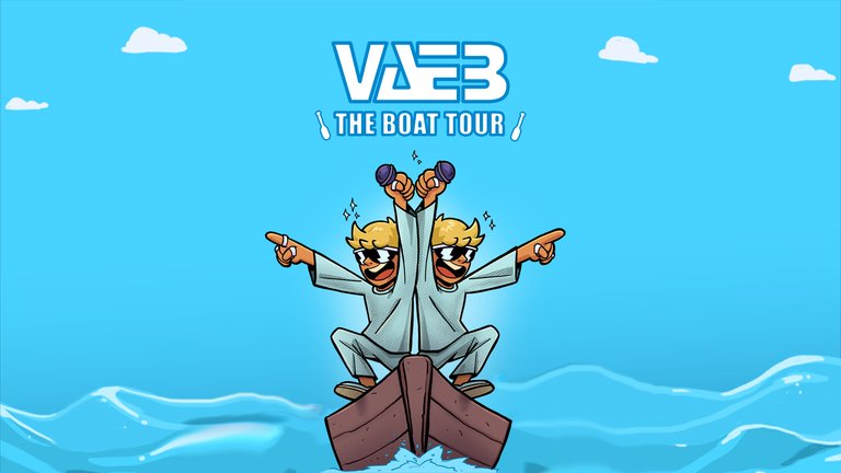 Teckning av de två medlemmarna i VÆB som står på en eka mitt i havet. Ovanför står texten: VÆB - The Boat Tour.