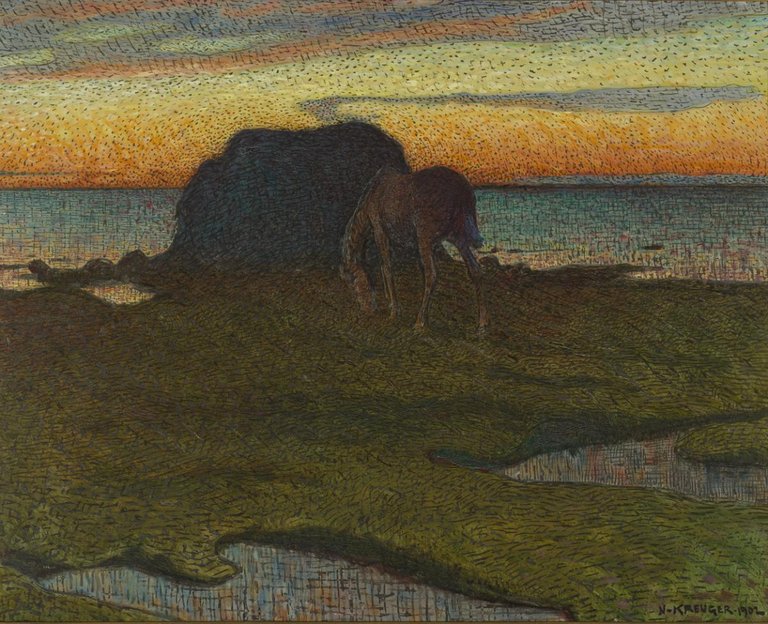 en målning som föreställer en häst på en strand vid tångstacken